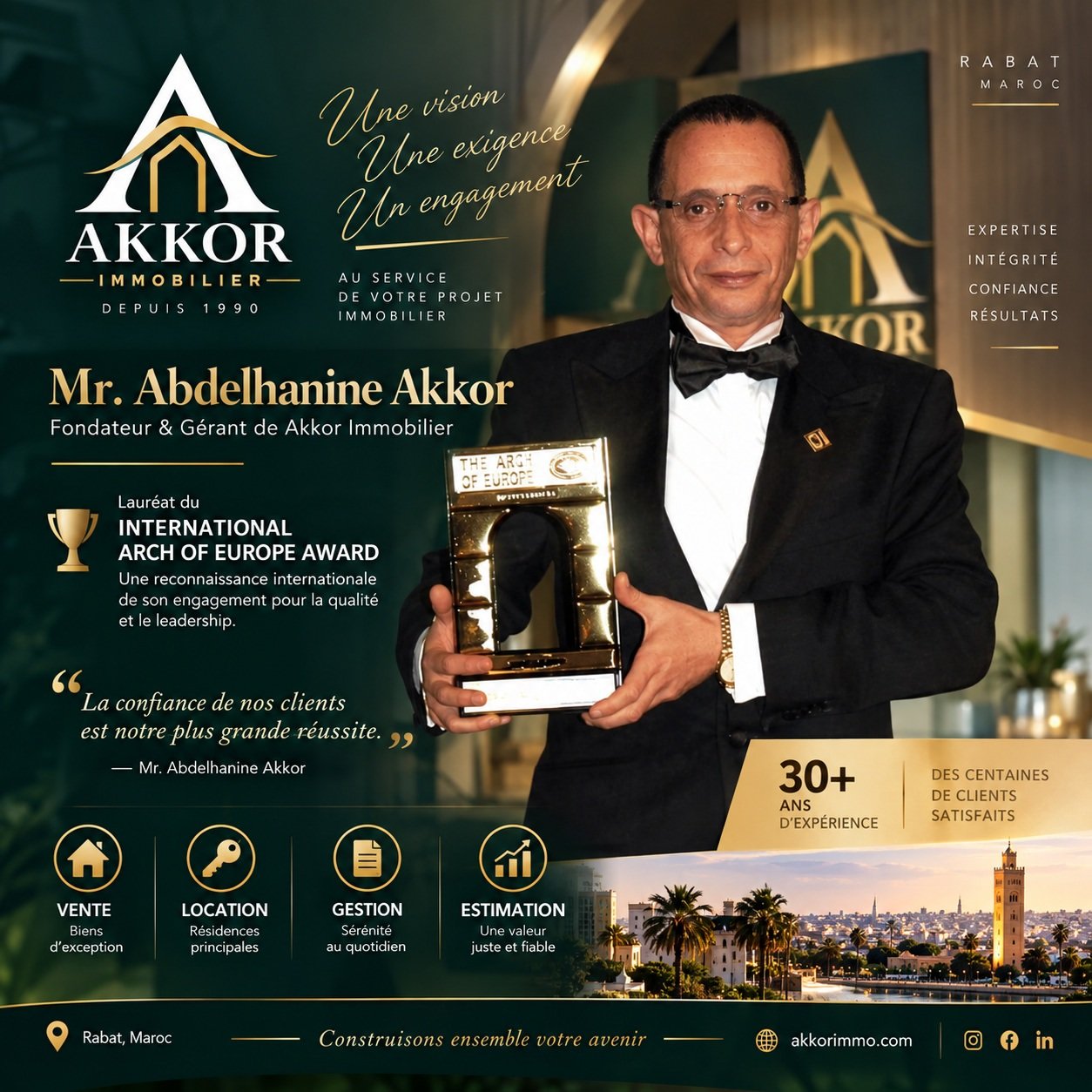 Depuis 1990, Akkor Immobilier accompagne ses clients dans leurs projets immobiliers à Rabat